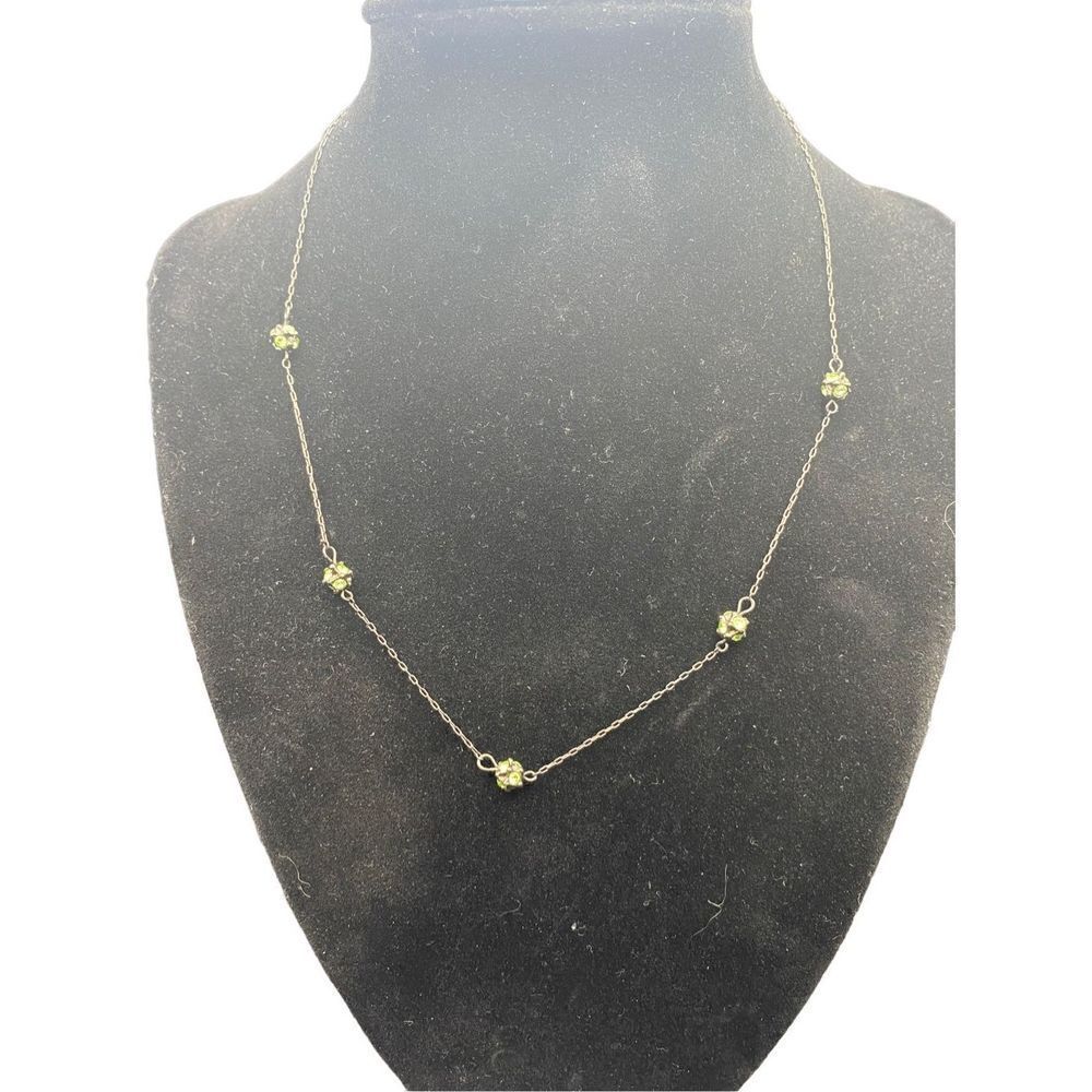 1928 Signed Gunmetal Colored Dainty Necklace With green Rhinestone Stations